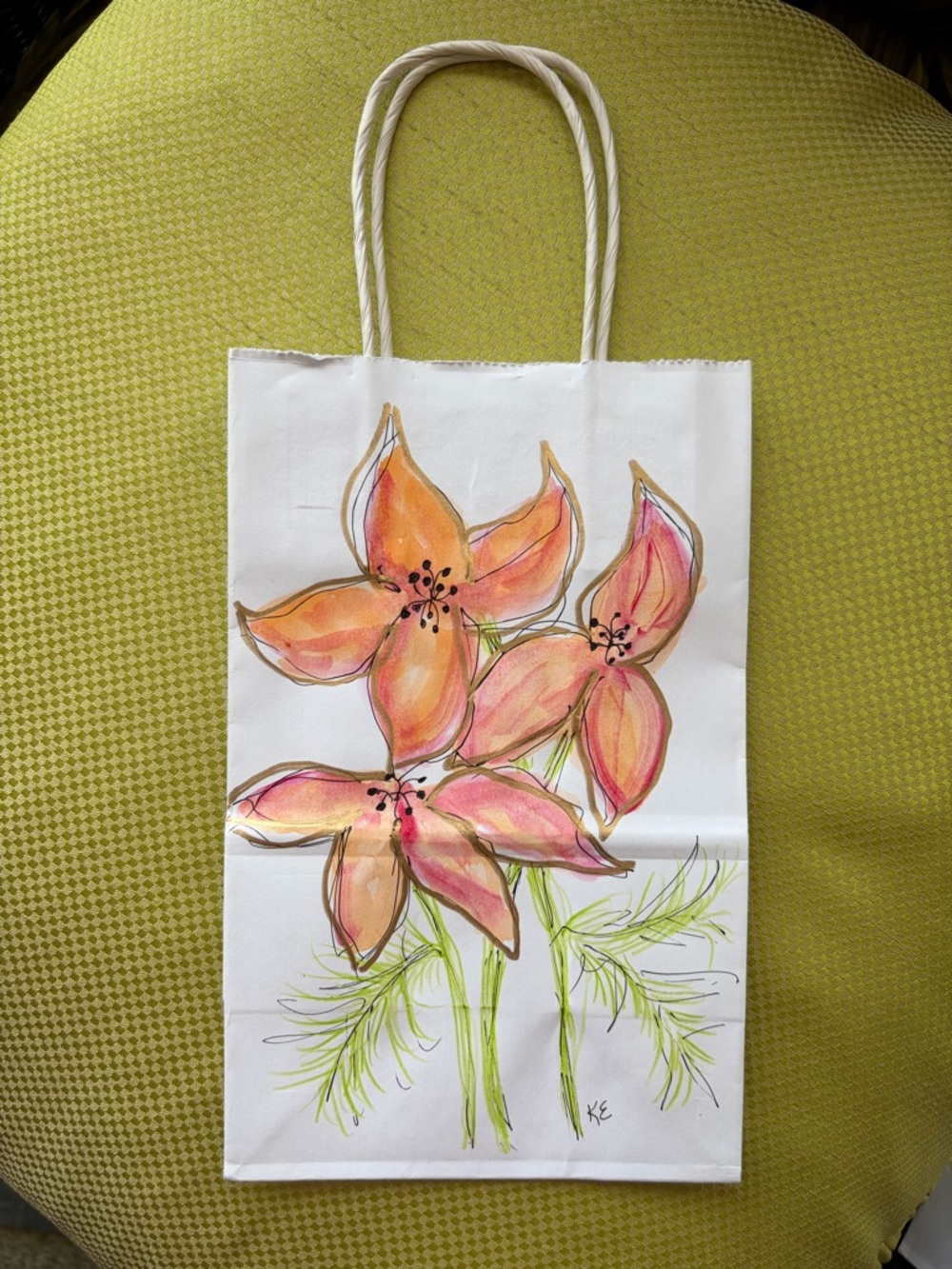 Floral Painted White Gift Bag with Pink-Orange Flowers  8x5 inches